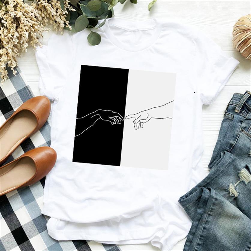 

cartoon hand funny aesthetic womens t shirts short sleeve print tee clothes female graphic, White