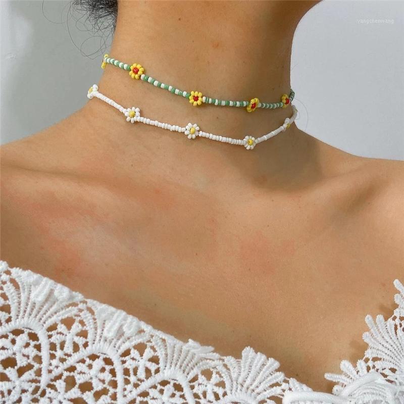 

Chains Trendy Bohemian Adjustable Temperament Rice Beads Flowers Necklace For Women Gift Wholesale Simple Jewelry