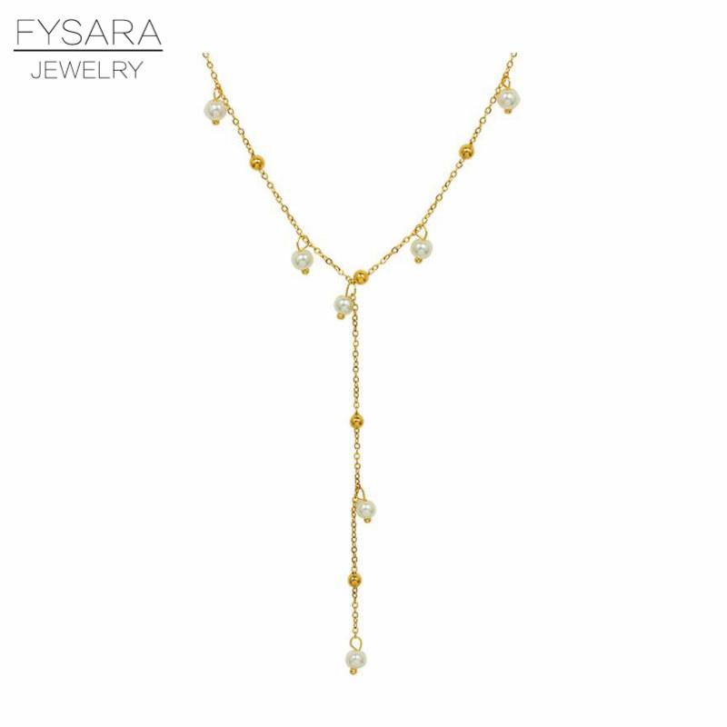 

Pendant Necklaces FYSARA Gold Color Stainless Steel Long Tassel Choker Necklace Women Neck Chain Simulated Pearl Woman Jewelry