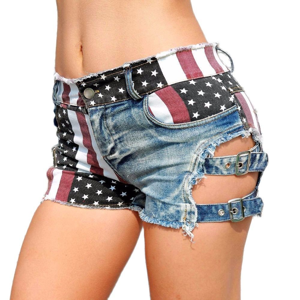 

Shorts Sexy Women' High Waist Hole Jeans American Flag Printed Denim, Blue