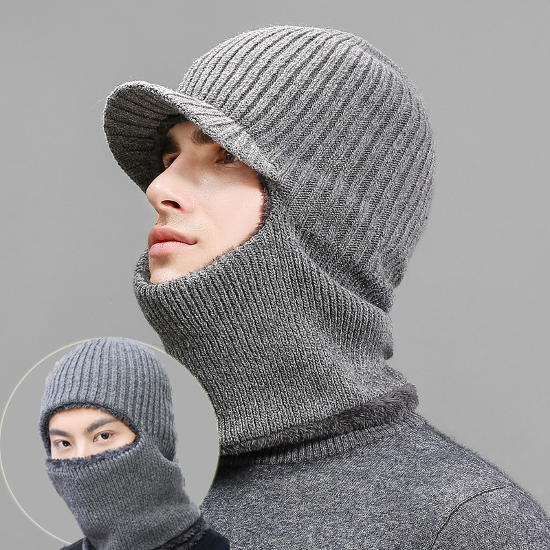 

European American Mens Autumn and Winter Pullover Hat Thickened Warm Masked Cap Northeast Cold Proof Bib Cycling Knitted Woolen, Default color