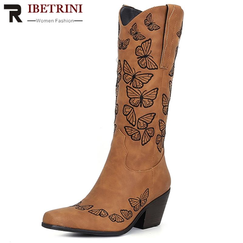 

Boots Female Western Square Heel Toe Slip-On Animal Prints High Embroider Year-round Shoes Woman Fashion, Black