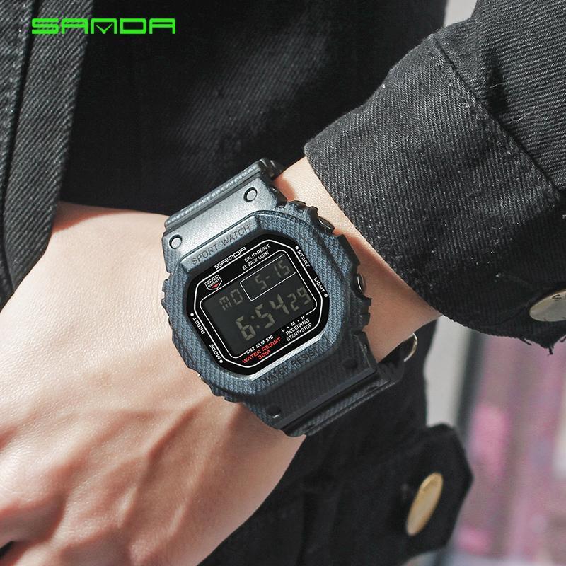 

Wristwatches Men's Digital Watch Sport Denim Silicone Waterproof Alarm Clock Date LED Light Week Display Relogio Masculino, Slivery;brown