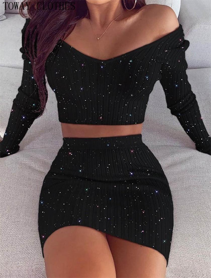 

glitter off shoulder womens tracksuits crop amp skirt sets sweat suits women 2 piece set v neck female outfits, Gray