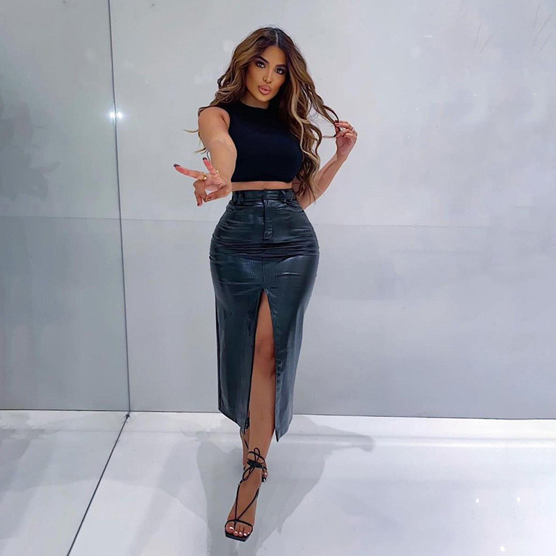 

autumn solid pu leather long skirt women fashion high waist split clothing lady casual straight skirt 2021 new, Black
