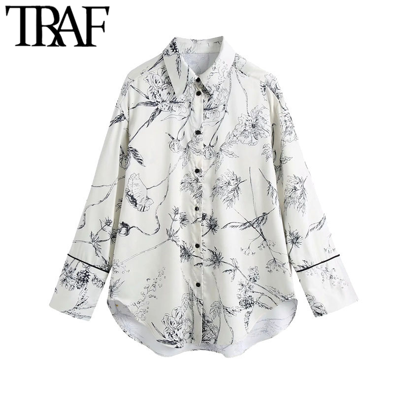 

TRAF Women Fashion Floral Print Loose Asymmetric Blouses Vintage Long Sleeve Button-up Female Shirts Blusas Chic Tops, As picture
