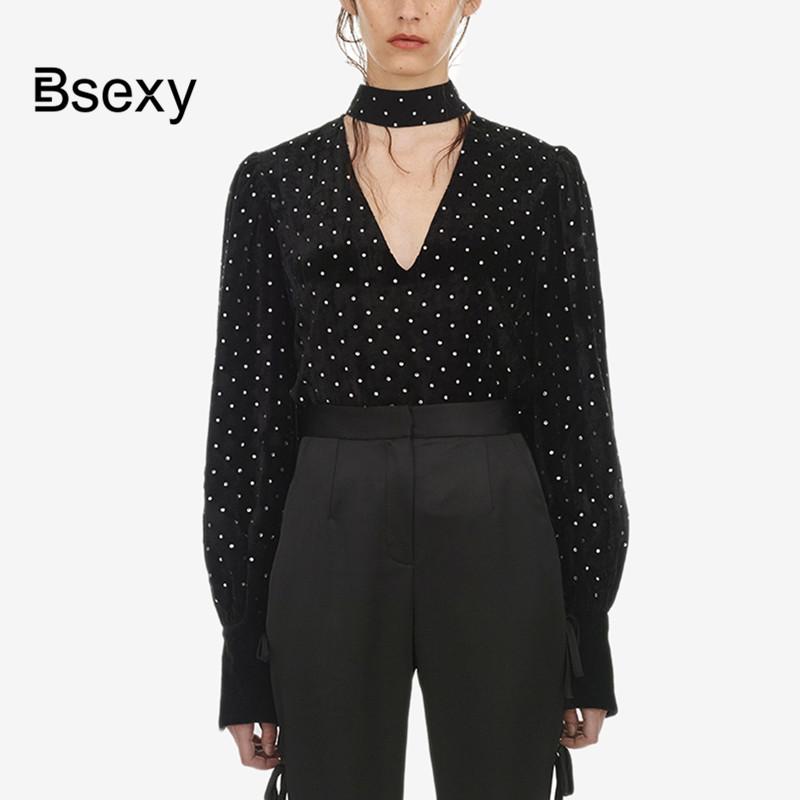 

Women's Blouses & Shirts Womens Tops And 2021 Autumn Halter Neck Polka Dot Long Sleeve Velvet Shirt Black Laides Top Self Portrait Blouse
