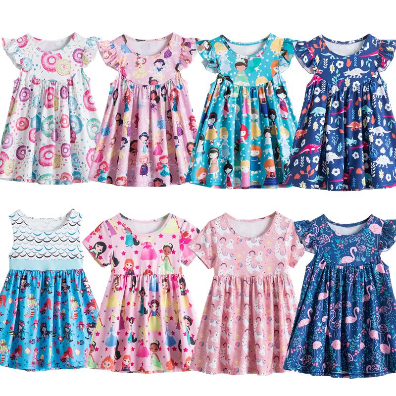 

Girl's Dresses Baby Girls Princess Dress Summer Flying Short Sleeve Cartoon Pattern Print Clothes For Kids Holiday Party Beachwear Sundress