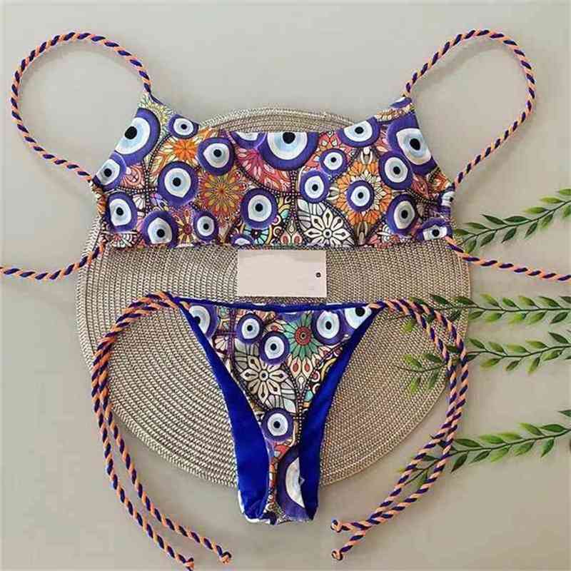 

QINJOYER Bikini Thong Swimsuit Women Print Brazilian Swimwear Backless 2 Pieces Bathing Suit 210629, Blue