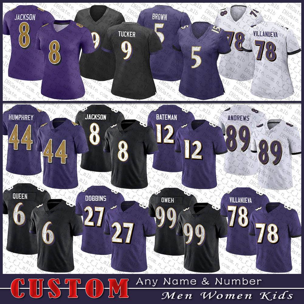 

8 Lamar Jackson 12 Rashod Bateman Custom Football Jersey 44 Marlon Humphrey 78 Alejandro Villanueva 5 Marquise Brown J.K. Dobbins BaltimoreRavenPatrick Queen, Shown