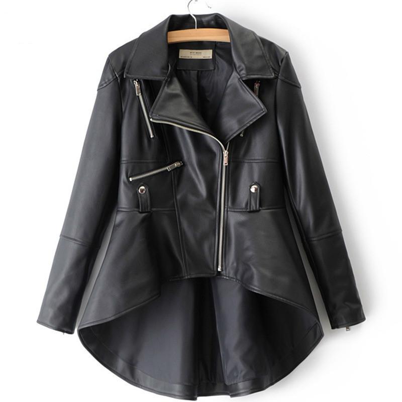 

Women's Leather & Faux [EWQ] 2021 Autumn Winter Woman Solid Color Long Sleeve Turn-down Collar Zippers Irregular Hem Loose PU Coat Jacket LD, Black