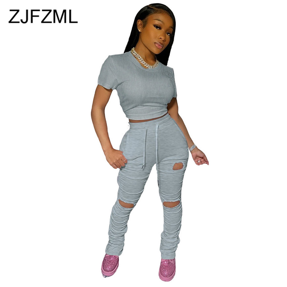 

Plus Size Two Piece Set Women's Summer Suit O Neck Short Sleeve Crop Top Hollow Hole Stacked Legging Pant Lounge Wear Tracksuit 210520, Black