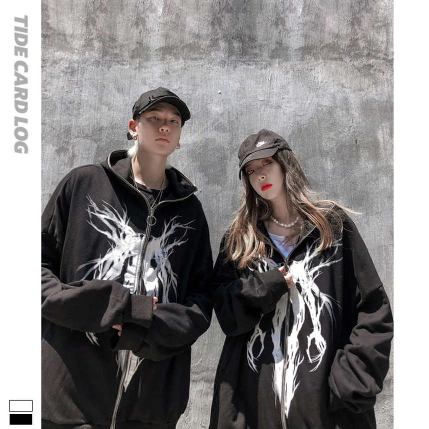 

Autumn and winter new personalized fashion printed sweater cardigan high street leisure hip hop metal zipper jacket, Black