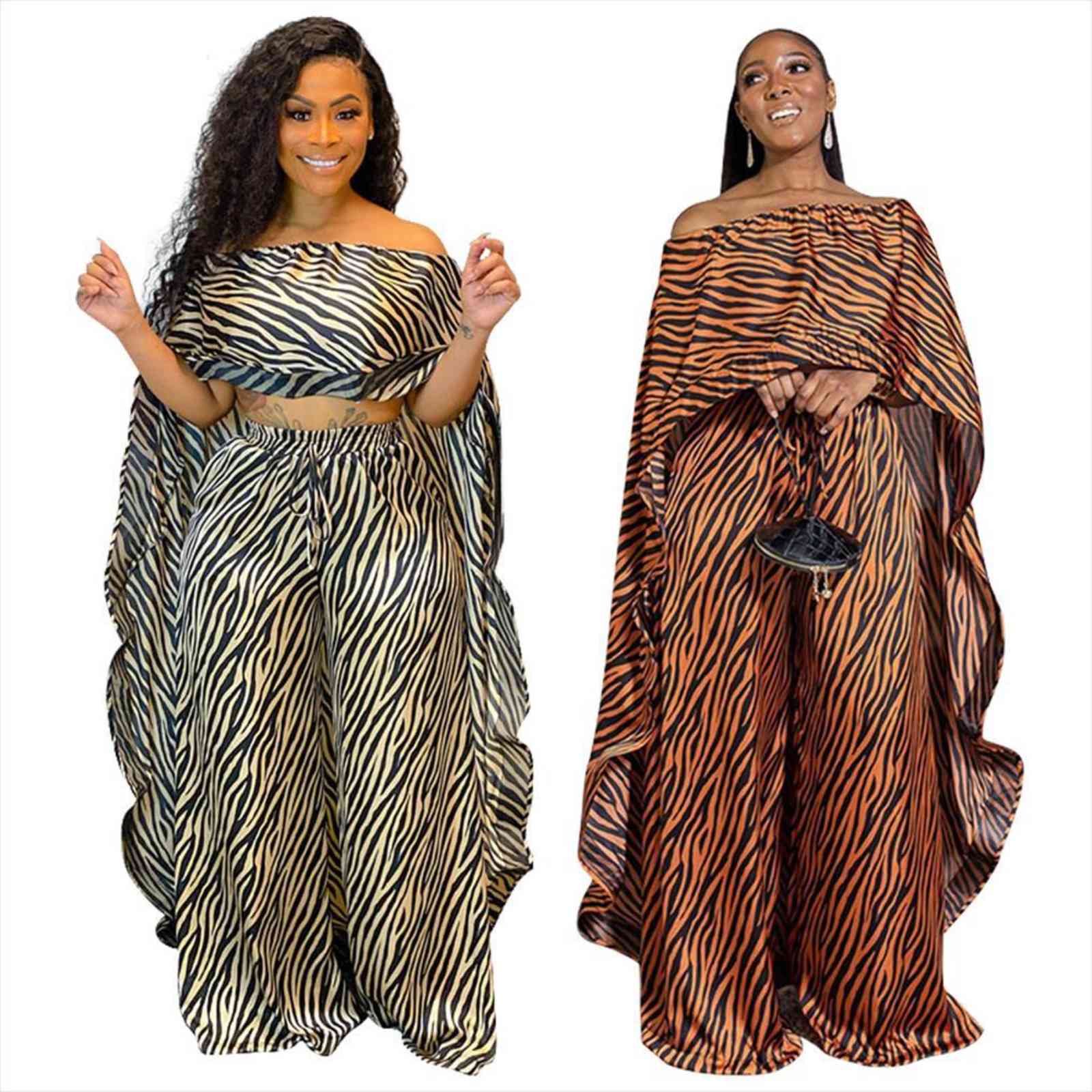 

Striped Printed Vintage Two Piece Women Tracksuits Set Tracksuit Off Shoulder Cloak Long Tops And High Waist Wide Leg Pant, Gray