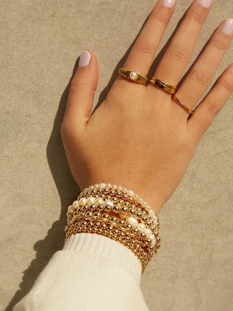 

Beaded, Strands CHIAO 2021 Trendy 6 Pieces Multi Layers Layering Stacked Pearl Gold Ball Beaded Bracelets Set