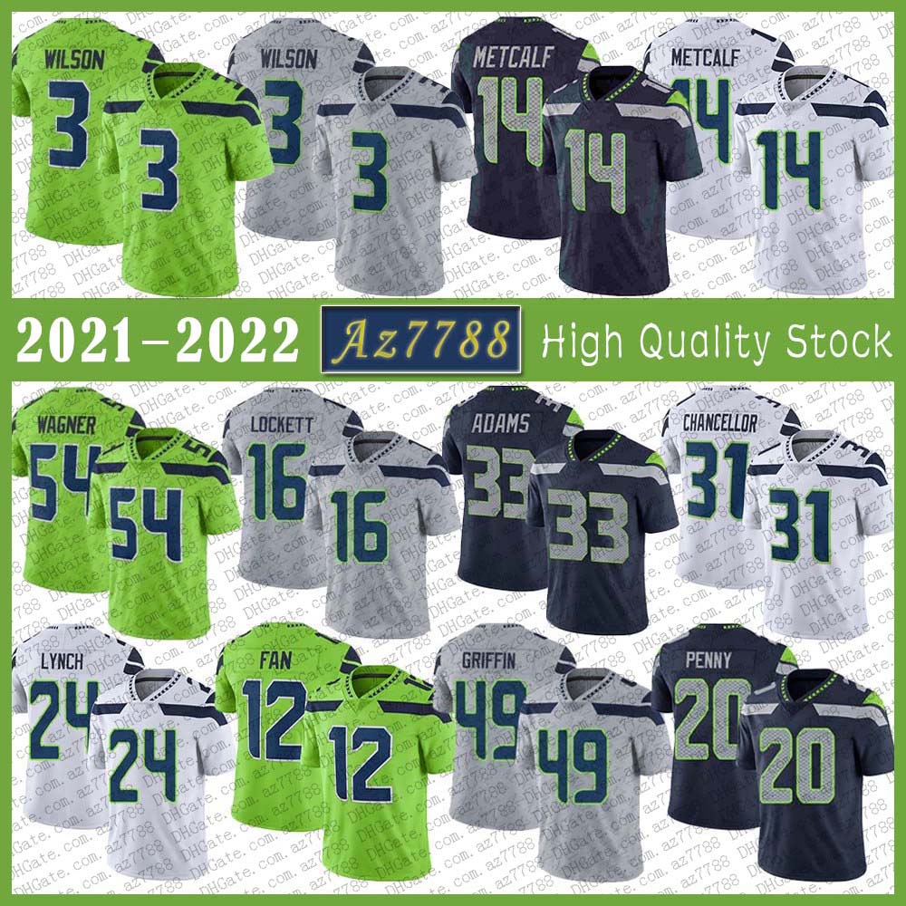 

3 Russell Wilson SEA Football Jersey 14 DK Metcalf 33 Jamal Adams 16 Tyler Lockett 54 Bobby Wagner 24 Marshawn Lynch 49 Shaquem Griffin 12 Fan Stitched jerseys, Shown