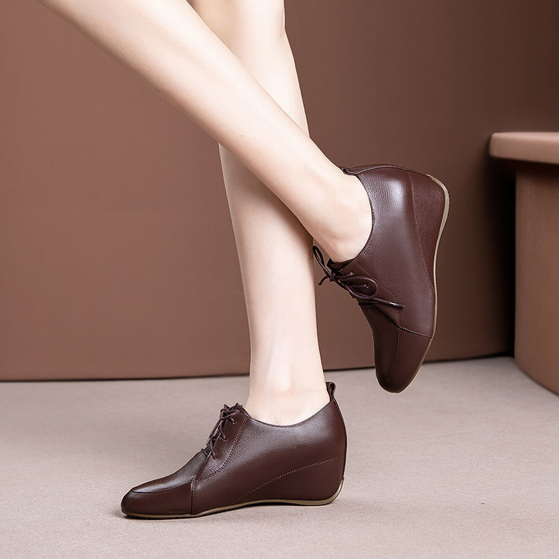 

Inner Heightening Shoes Wedges Woman Mid Heels Women Platform Pumps Soft PU leather Female Footware Lace-up Brown Black Beige