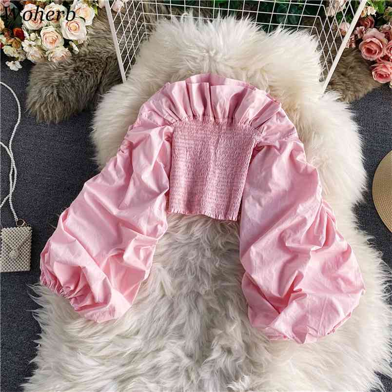 

Elegant Lantern Long-sleeved Shirt Female Summer Retro Solid Off Shoulder Short Top for Womens Vintage 210519, Pink