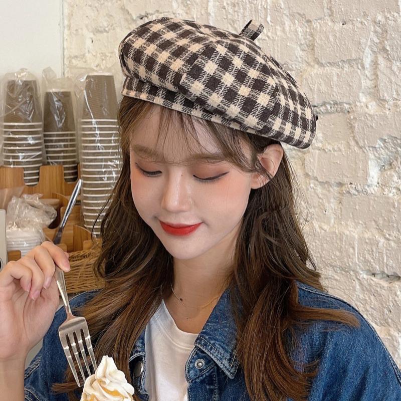 

Berets HT3767 2021 Autumn Winter Hat Women Plaid Artist Painter Wool Beret Ladies Vintage Octagonal Sboy Cap For, Khaki