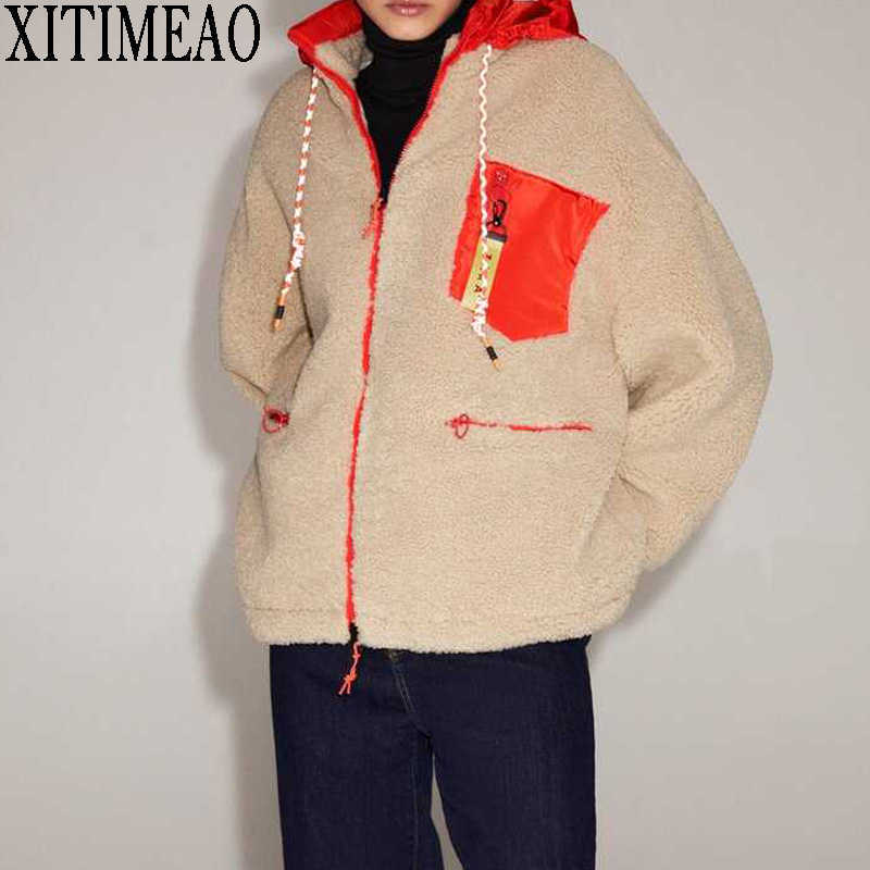 

ZA Women Big Size Cotton Jacket Autumn Winter Lambswool Splice Parka Loose Warm Outerwear Female Cotton-padded Jackets 210602, As picture