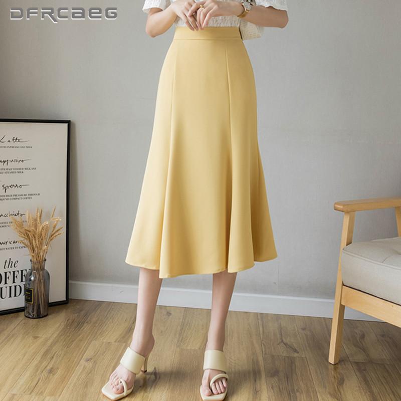 

Skirts Elegant Yellow Summer Trumpet Skirt Woman 2021 High Waist Work Office Korean Long Femme, Black