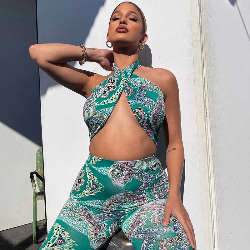 

QuanRun Casual Women Tie Dye Outfits Neck-Mouted Crop Top+High Waist Long Bell Pants 2 Piece Set Sexy Party Club Streetwear 210604, Green