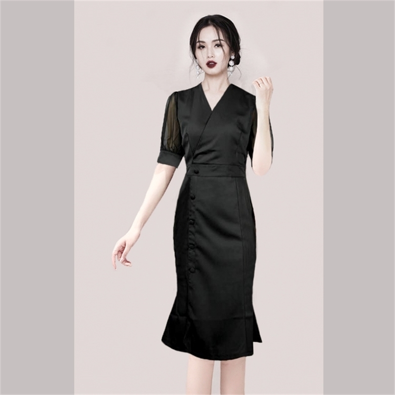 

Party dresses Ladies Summer Short Sleeve V neck clothes linen Korea Bodycon Dresses for women 210602, Black