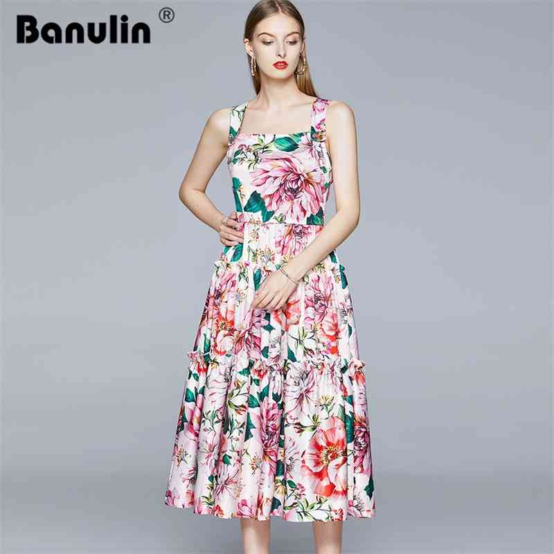 

Banulin Summer Fashion Runway Cotton Dress Women's Metal Buttons Rose Floral Print Elegant Vacation Spaghetti Strap 210603, Pink