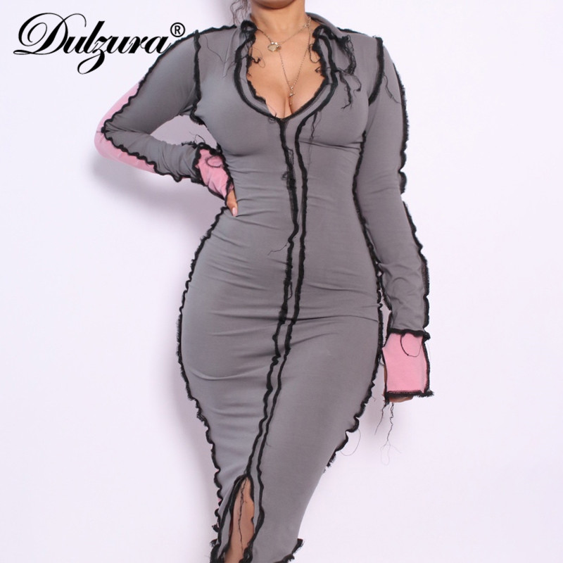 

patchwork women long sleeve midi dress v neck slit bodycon party club 2021 autumn winter slim fashionhigh quality, Black;gray