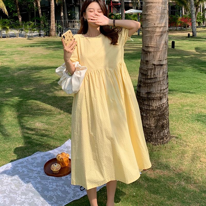 

Casual Dresses 2022 Summer Dress Women Korea Cotton Puff Sleeve Solid O-neck Loose Sweet Cute Plus Size Yellow Vestido Robe 15708, Black;gray