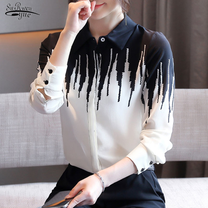 

Spring Office Lady Long Sleeve Button Cardigan Women Shirts Black and White Chiffon Blouse Print Ladies Clothes 11052 210521