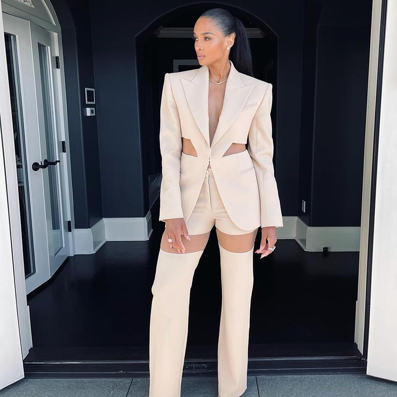 

Women's Two Piece Pants 2021 Winter Women Sets Mesh Hollow Out Blazers Party Club Sexy 2 Pieces Set Suits, White