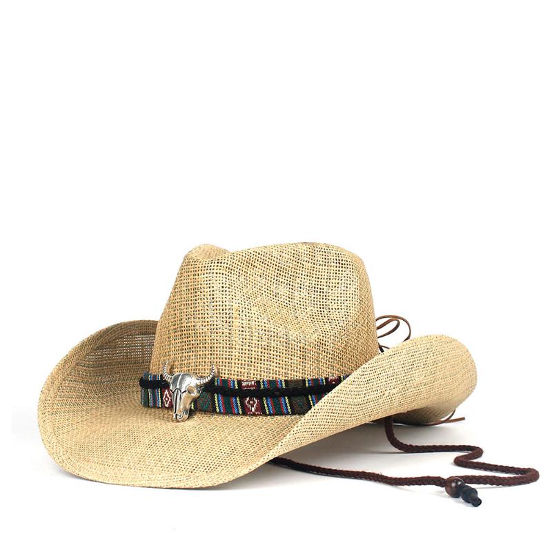

Cloches 2021 Handmade Straw Women Men Hollow Western Cowboy Hat Dad Summer Sombrero Hombre Beach Cowgirl Jazz Sun Size 56-58CM, C12