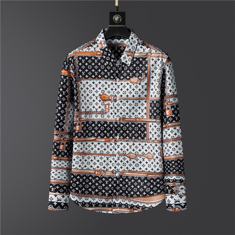 

2021New Boutique Fashion Print Men's Casual Long-sleeved Shirts / Male Slim High-end Letter Printing LeisureM_XXXL, Khaki