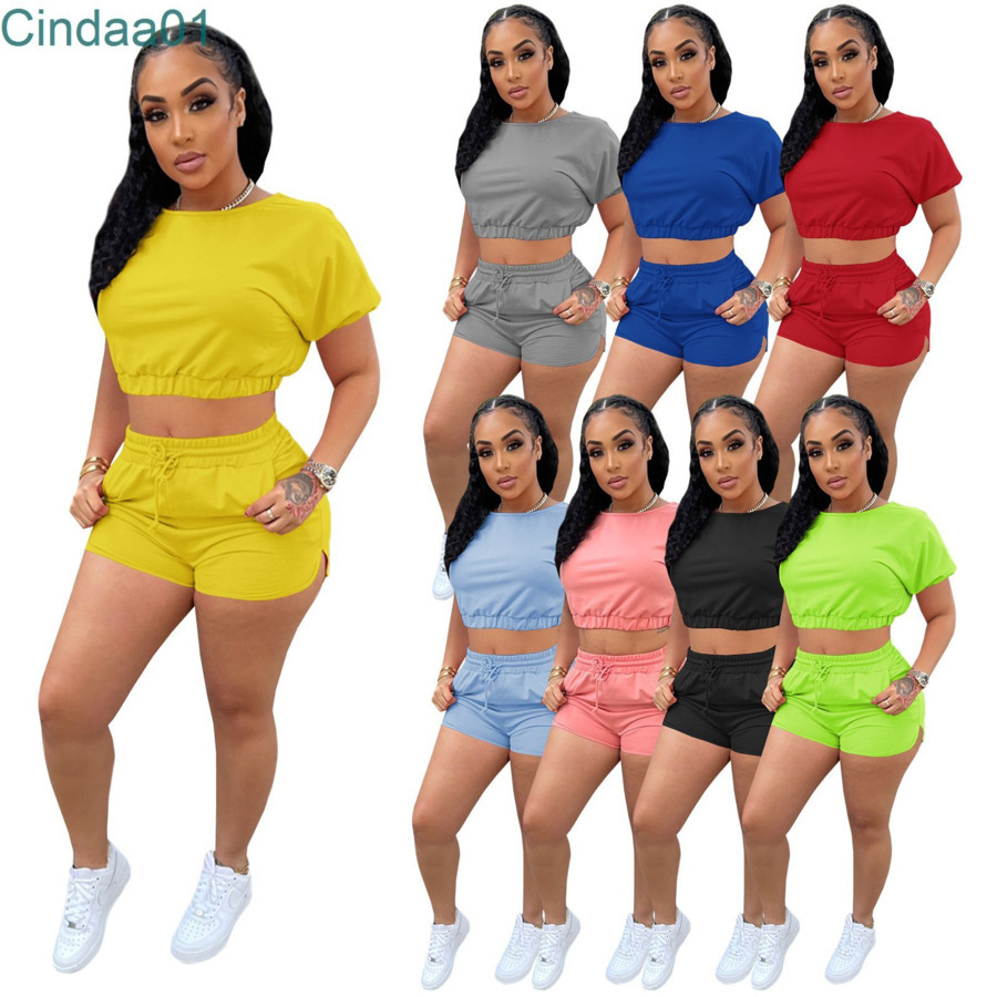 Femmes de survêtement Deux pièces Set Deisgner Slim Sexy Sexy Couleur solide Cound Casual Sports Jogging Shorts Short à manches courtes Tenues 8