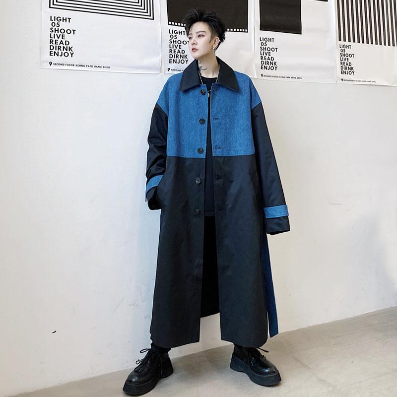 

Men's Trench Coats Male Streetwear Hip Hop Vintage Fashion Jacket Windbreaker Outerwear Men Deinm Splice Belt Loose Casual Long Coat, Kk1518 black