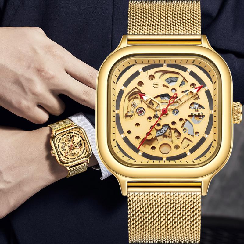 

Luxury Golden Automatic Relogio Masculino Top Brand Design Quartz Wristwatch Fashion Square Hollow Steel Mechanical Watches Men Wristwatches, Silver