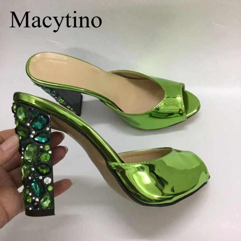 

Slippers Summer Women High Heels Diamond Block Heel Woman Slip On Slides Shiny Green Leather Dress Shoes Mules, Black