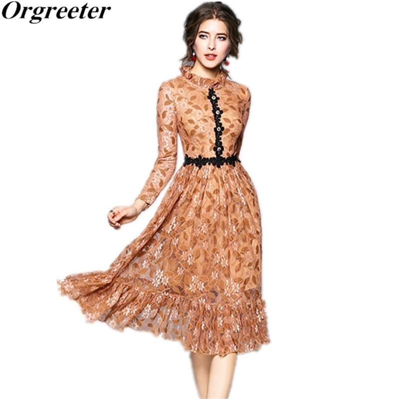 

Lace Dress Spring Hit Color Stitching elegant sweet Ruffled collar Slim Pleated Work wear dress 210602, Picture color