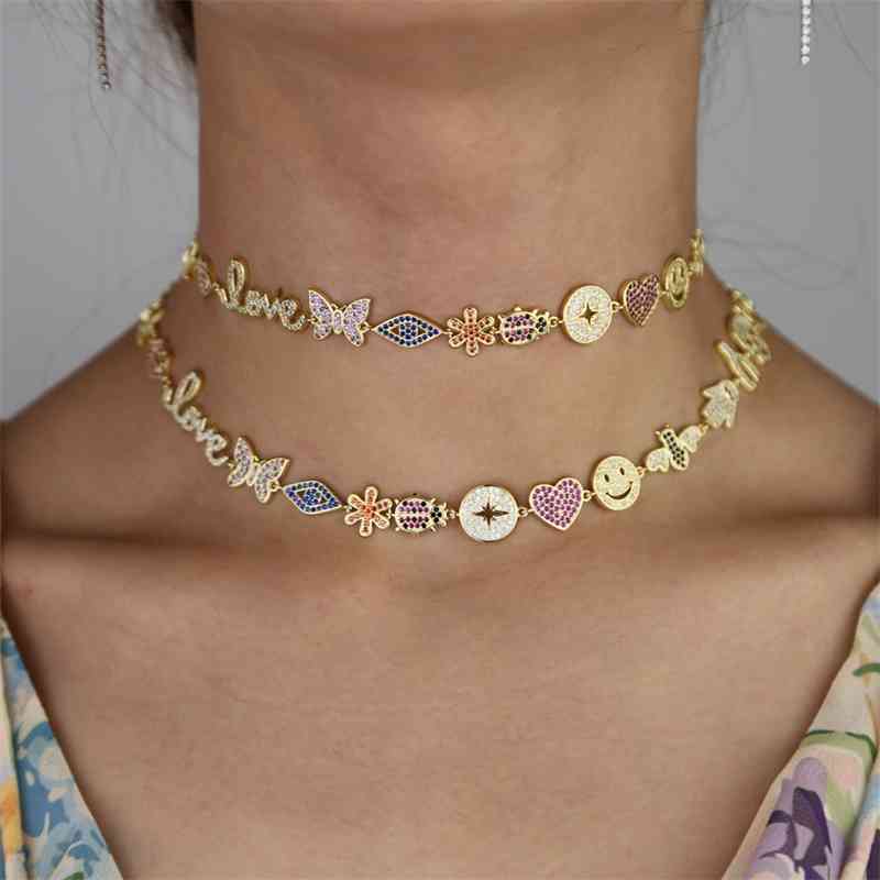

Fashion rainbow cz paved multi charm necklace for women lady wedding short choker heart smile eye kiss pendant jewelry gift 210331