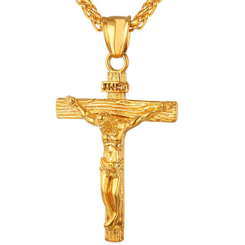 

Kpop Cross Pendant Christian Jesus Religious Jewelry StainlSteel Gold Color INRI Crucifix Cross Charm Necklace for Men P245 X0707