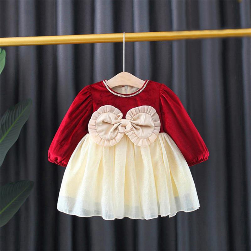 

Girl's Dresses Winter Baby Girls Dress Cotton Toddler Warm Bow Princess Velvet For Birthday Clothing Kids Clothes, Red;yellow