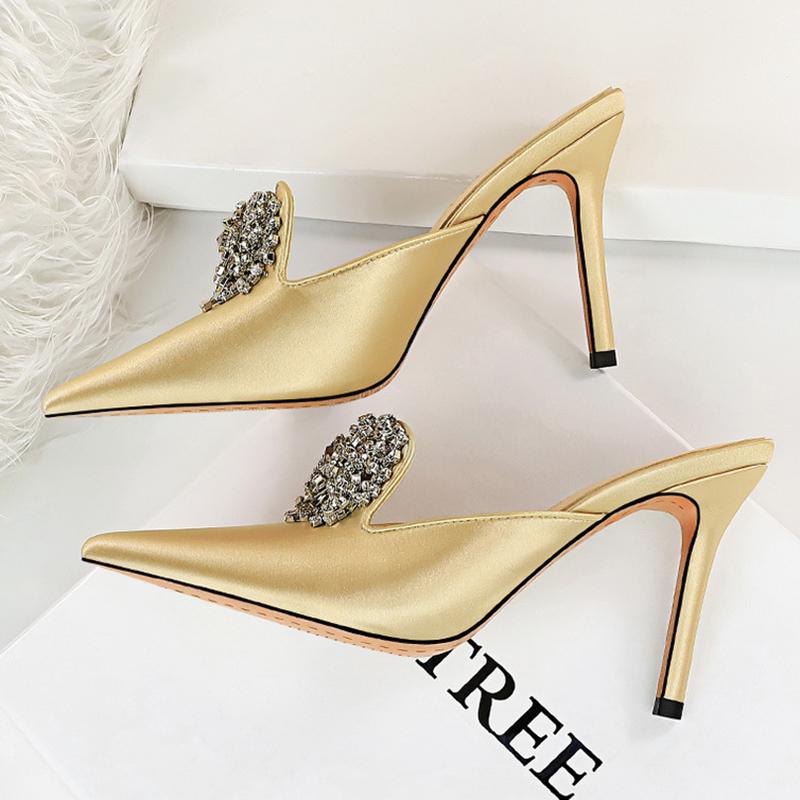 

Slippers Luxury Women 10.5cm High Heels Slides Mules Designer Lady Gold Silver Closed Toe Crystal Outsides Prom RB137, Black