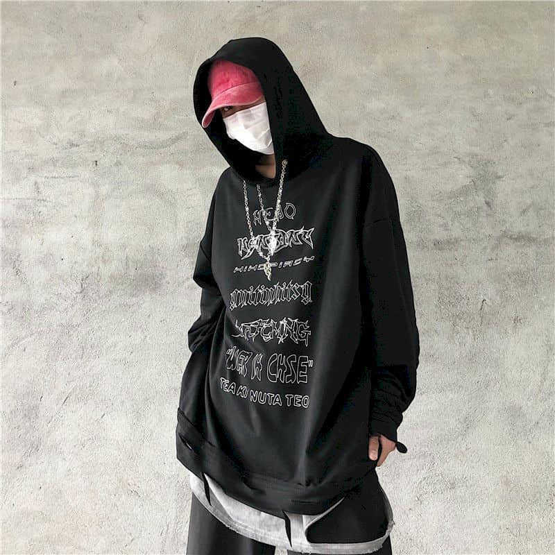 

Autumn and winter Korean trend dark high street hip-hop letter necklace hole hooded sweater male female student shirt 210526, Black