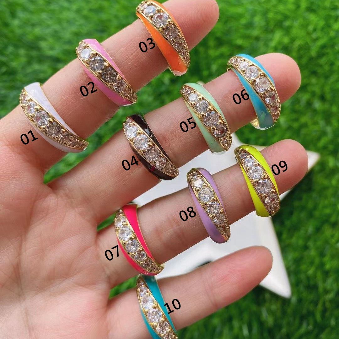 

10PCS, Neon Enamel Gold Color Ring Sparking Bling Clear CZ Paved Adjusted Women Finger Rings