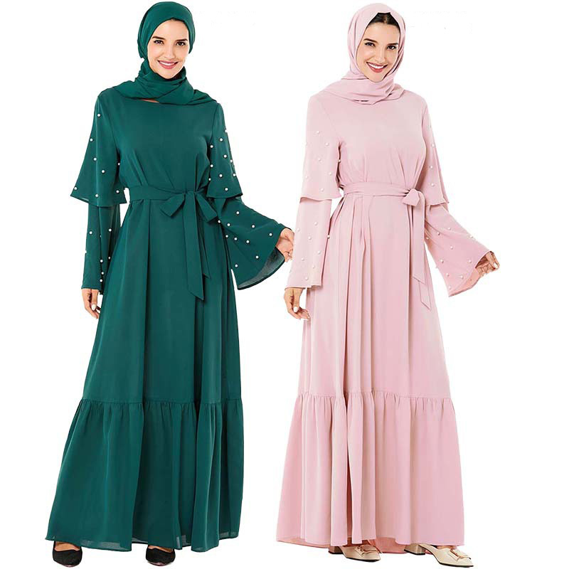 

Ruffle Pearl Muslim Abaya Dress Women Flare Sleeve Big Swing Turkish Kaftan Party Hijab Dresses Dubai Arab Islamic Clothing 2021
