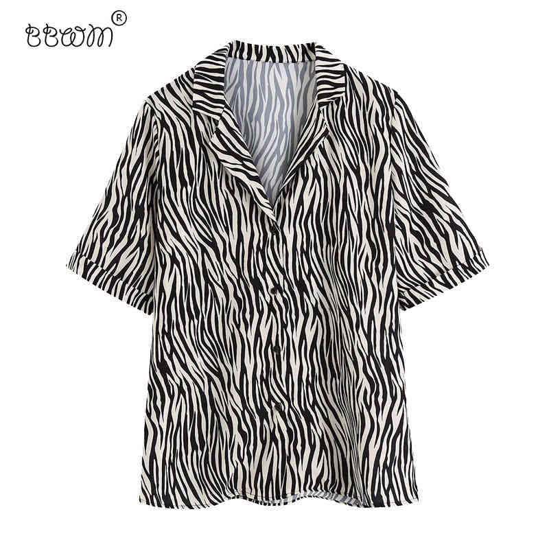 

Women Fashion Zebra Pattern Print Buttons Blouses Vintage Female V Neck Short Sleeves Shirts Elegant Ladies Chic Tops 210520, As picture