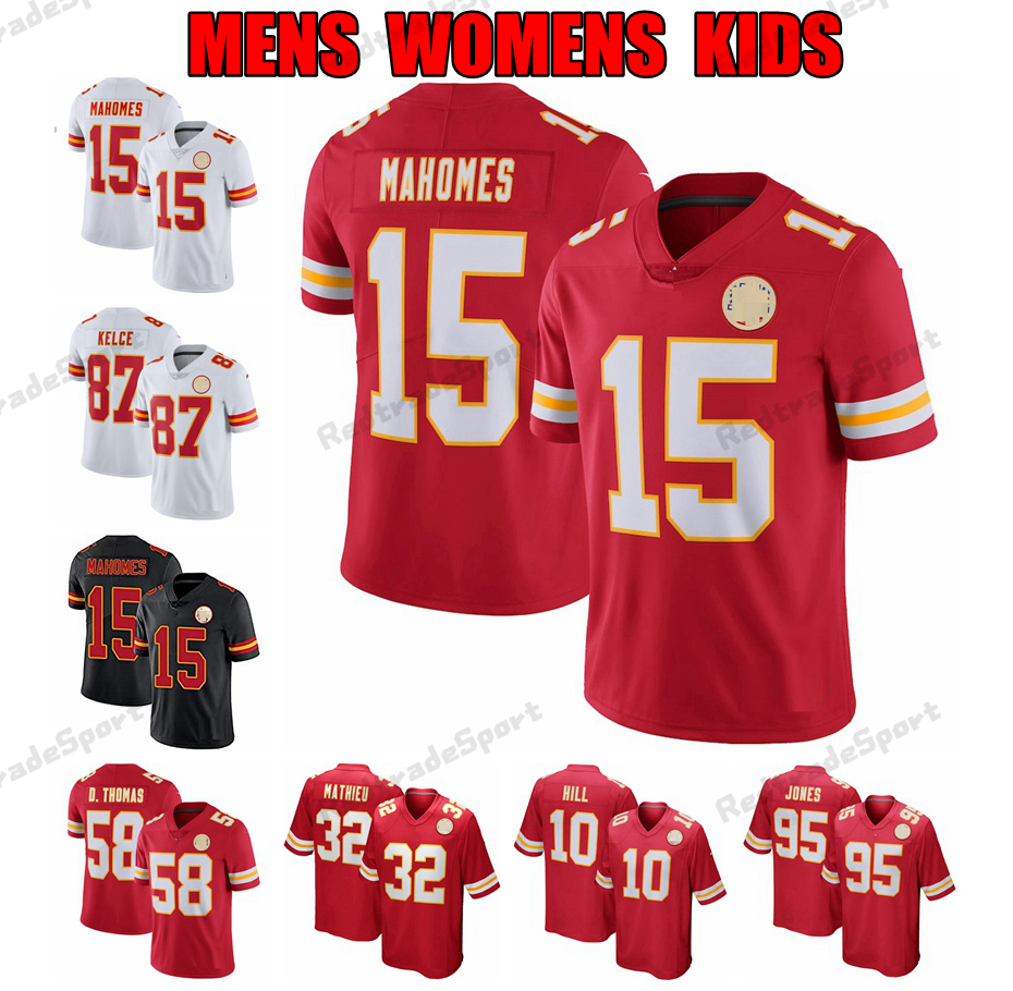 

Mens Custom Football Jerseys 15 Patrick Mahomes 10 Tyreek Hill 87 Travis Kelce 32 Tyrann Mathieu 95 Chris Jones 55 Frank Clark 17 Mecole Hardman Womens Kids Jersey, Womens s-xxl