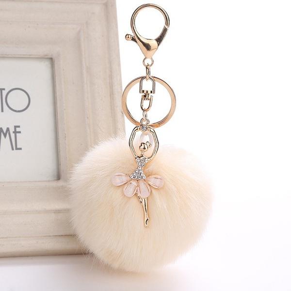 

Keychains Delysia King Cute Crystal Dance Ballet Girl Key Chain Originality Angel Imitation Hair Ball Ladies Bag Jewelry, Silver