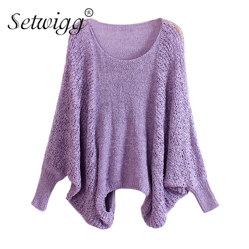 

sweaters Womens Fashion Hollow Knit Pullover Top O Neck Long Batwing Sleeve Loose Thin Sweater Women Knitwear, Purple